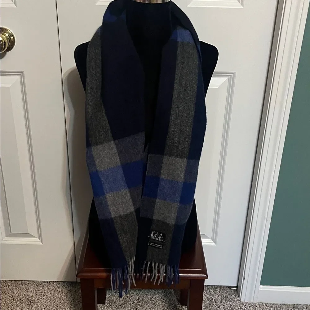 Jos. A. Bank 100% Cashmere Scarf Navy Blue Plaid Unisex 66